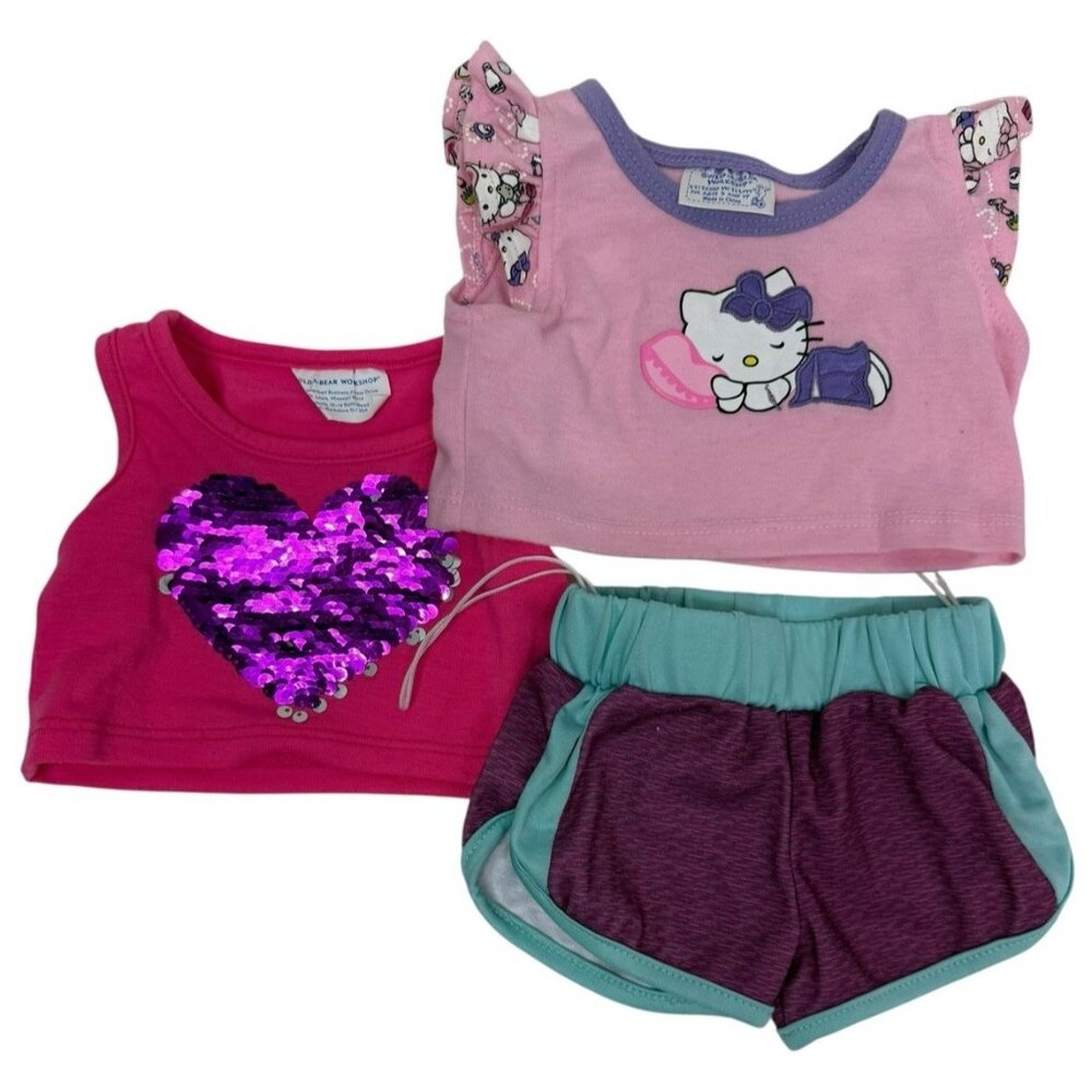 3 PC LOT Build a Bear Hello Kitty PJ Top Sequin Heart Tank & Athletic Shorts